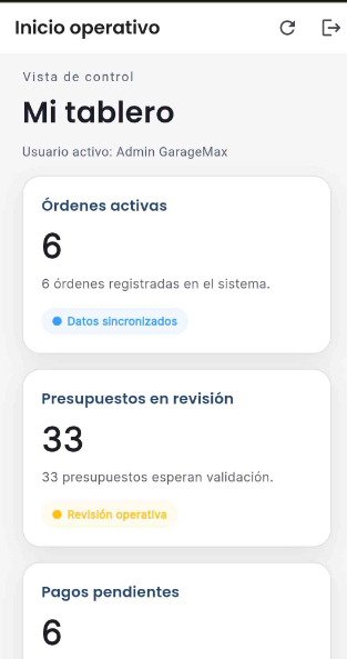 Panel principal de GarageMax — tablero con KPIs